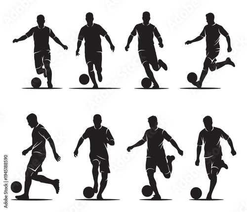 Silhouettes of male soccer players in action kicking soccer ball vector art