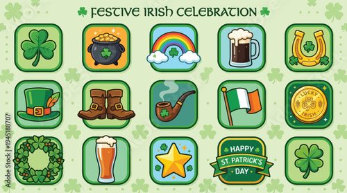 Vibrant Collection of Festive Irish Celebration Vector Icons, Perfect for St. Patrick's Day Designs, Featuring Shamrocks, Leprechaun Hats, Pots of Gold, and Cultural Elements
