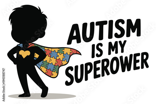 Silhouette of child with autism puzzle piece cape and text