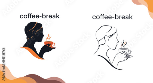 Elegant design of a woman profile holding a coffee cup shown in both solid black silhouette and minimalist line art style.