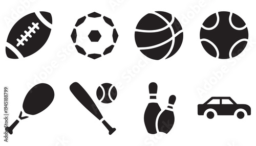 Set of sports balls and equipment vector icons, recreation and play objects