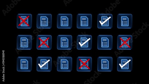 Document verification and approval process with digital checklist concept on the transparent background. Accepted and rejected files focusing on data accuracy. 4k video animation.
