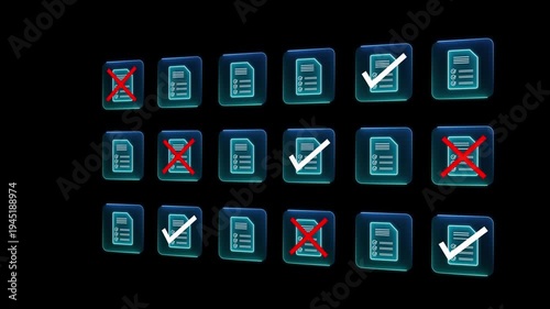 Document verification and approval process with digital checklist concept on the transparent background. Accepted and rejected files focusing on data accuracy. 4k video animation.