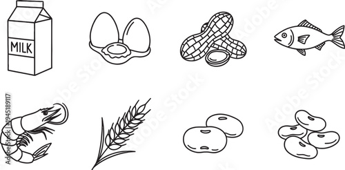 A black and white illustration depicting common food allergens including milk, eggs, peanuts, fish, shrimp, wheat, and various beans.