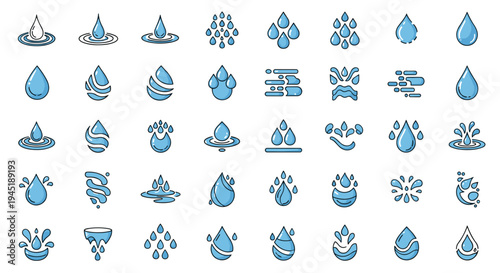 Comprehensive set of various blue water drop and liquid splash icons representing purity plumbing or weather.