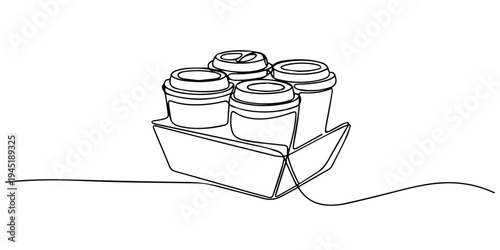 coffee cups with lids in a cardboard carrier continuous one line drawing, Four disposable beverage containers with lids rest securely in a molded pulp carrier. disposable coffee cups in a cardboard. 