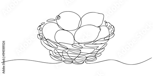 Fresh lemons in a woven basket continuous one line drawing, Hand-drawn sketch of lemons in a woven basket, Realistic black and white illustration of a woven basket overflowing with fruit minimalist.