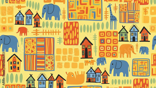 Vibrant illustration of colorful houses and animals on a patterned yellow background with elephants and giraffes.