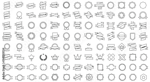 Huge collection of black outline ribbon banners badges seals and decorative frames for graphic design and branding.