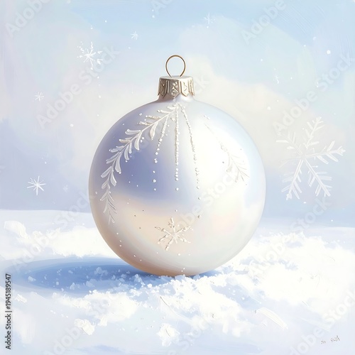 A large white Christmas ornament with snowflake designs sits on snow