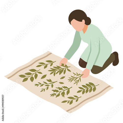 Woman arranging various green leaves on a large piece of paper indoors