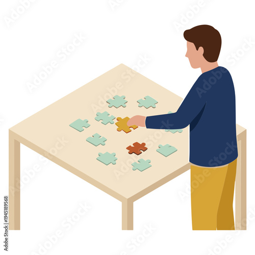 Man placing puzzle pieces on table indoors
