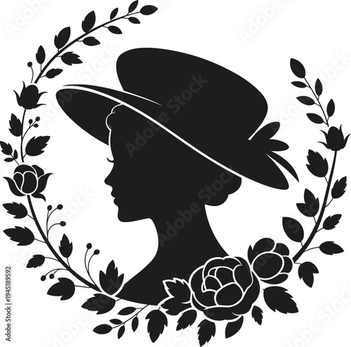 Silhouette profile of a woman wearing a wide brimmed hat adorned with flowers and leaves vector