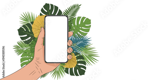 Close up of a human hand holding a smartphone with a blank white screen decorated with colorful tropical palm leaves.