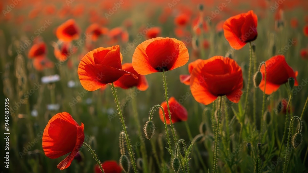 Obraz premium Field of Bright Red Poppies in Soft Sunlight