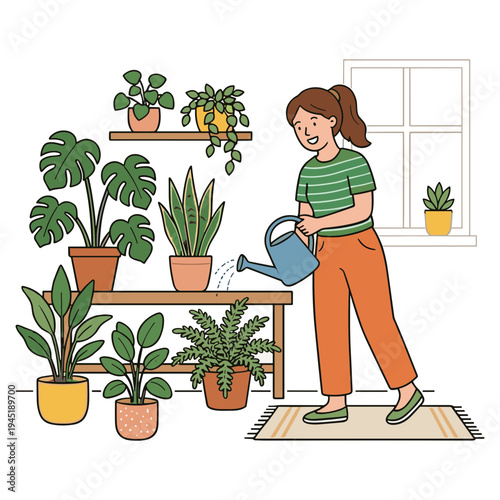 Woman watering various plants on a shelf indoors with happiness