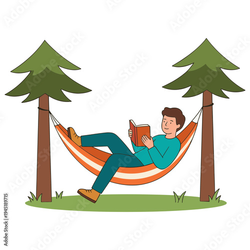 Man relaxing in hammock between trees reading book outdoor