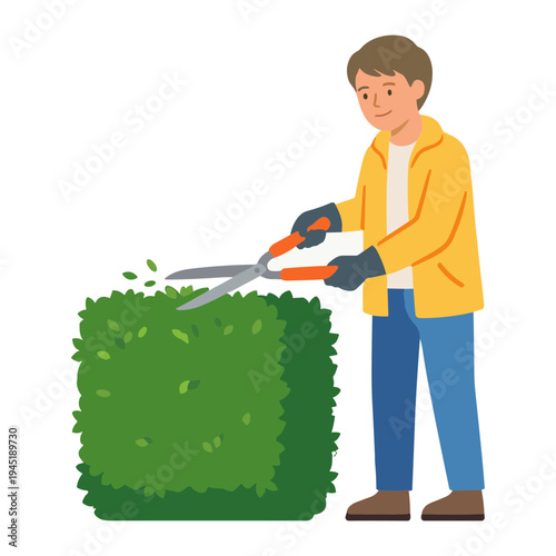 Man cutting a hedge with large scissors in the garden outdoors.