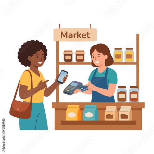 Woman buys food products from market vendor using mobile payment