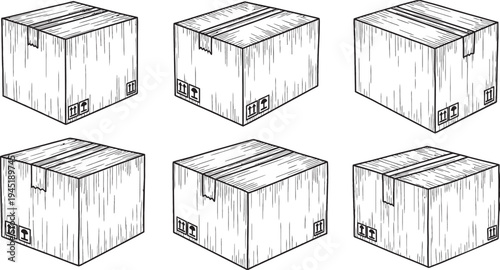 Hand-drawn sketch illustration of six cardboard shipping boxes with tape and handling symbols.