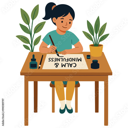 A woman practices mindfulness by writing at a desk with plants