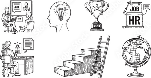 A collection of hand-drawn sketches depicting various business and career concepts.