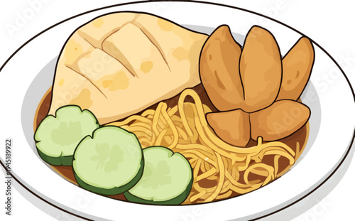 Illustration of a traditional Indonesian Pempek dish, showcasing fish cakes, noodles, and fresh cucumber, served with sweet and sour sauce, a flavorful Asian culinary experience
