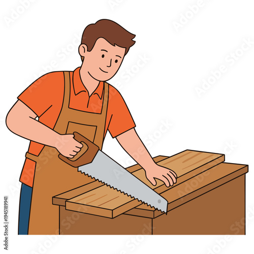 A man wearing an apron is sawing wood with a handsaw on a workbench.