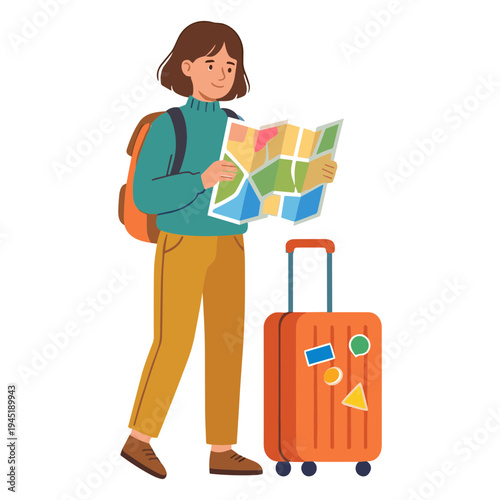 A traveler examines a map while standing next to an orange suitcase on wheels.