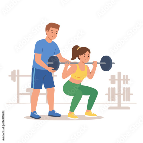 A man helps a woman doing squats with a barbell at the gym indoors.