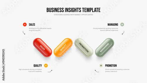 Service Forecast 4 Element Diagram Slide Layout. Advertising Strategy Four Step Infographic Presentation Template. Project Portfolio Frame Design Vector Illustration.