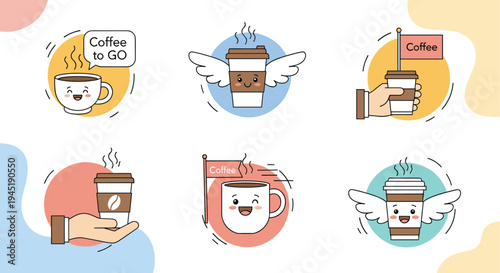Adorable collection of kawaii coffee cup characters and hands holding take out beverages for cafe branding and menu decoration projects.