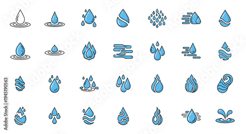 Comprehensive collection of blue water drop icons and aquatic symbols designed for digital interface elements and environment concepts.