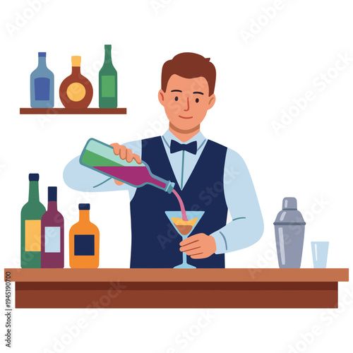 Bartender pouring cocktail from shaker into glass on bar with bottles