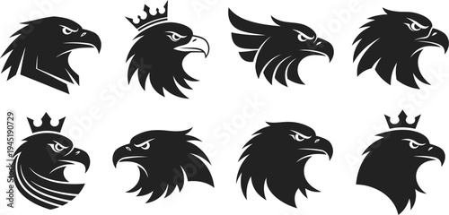 Collection of regal eagle silhouettes with crowns