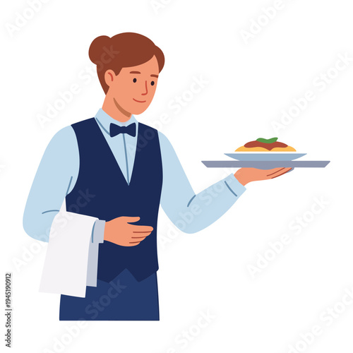 Waiter serving food on a plate in a restaurant with a napkin