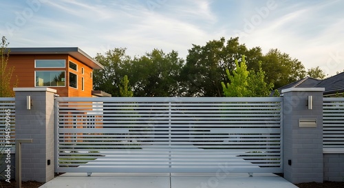Modern White Metal Sliding Gate and Privacy Fence for Contemporary Residential House