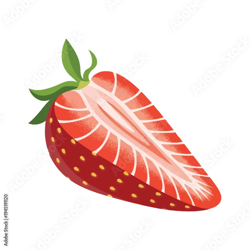 Fresh red strawberry cut in half, showcasing its juicy interior, tiny yellow seeds, and green stem.