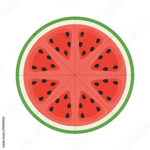 A vibrant, round watermelon is perfectly cut into eight triangular slices, revealing its juicy red flesh and numerous black seeds, surrounded by a green rind.
