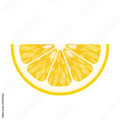 A fresh, bright yellow citrus lemon slice, perfectly cut in a semi-circle, revealing its internal texture.