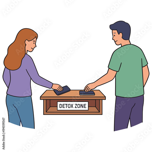 Man and woman exchanging items at a detox zone table indoors.