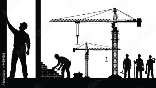 Construction site workers and tower cranes silhouette illustration showing building process teamwork and heavy machinery isolated on white background