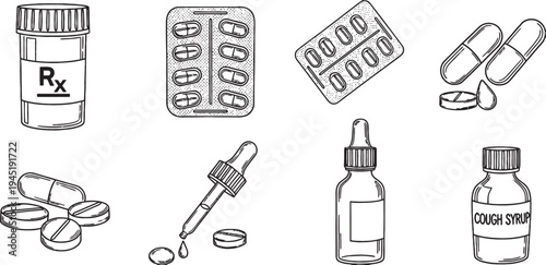 A collection of various medical and pharmaceutical items, including prescription bottles, blister packs, pills, capsules, droppers, and syrup bottles, depicted in a line art style.