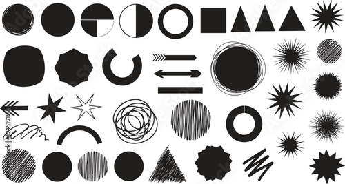 A collection of various black geometric and abstract shapes on a white background