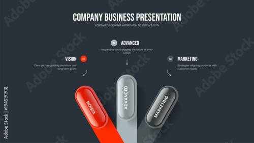 Business Innovation Presentation Template Vector Illustration. Professional Planning 3 Option Infographic Slide Layout. Project Showcase Three Step Diagram Slideshow Design.
