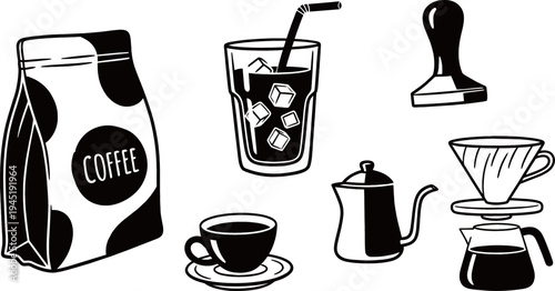 Black and white line art illustration of various coffee items including a bag, iced coffee, hot cup, pot, tamper, and pour-over set.