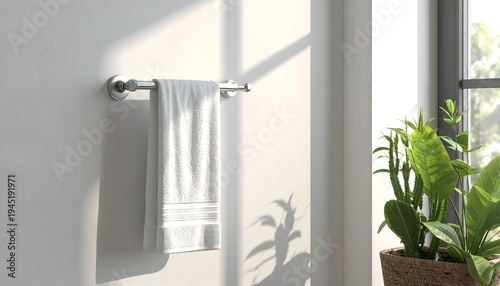 A sunlit bathroom scene showing a towel hanging on a metallic rod, with a plant