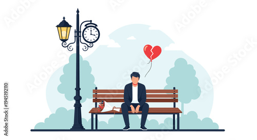 Heartbreaking illustration of a lonely man sitting on a wooden park bench under a street clock with a floating broken heart balloon.