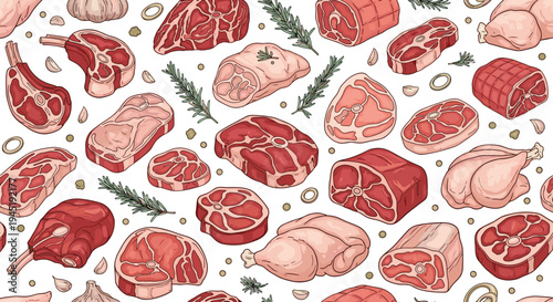 Detailed seamless pattern showcasing diverse cuts of raw meat, whole poultry, and fresh herbs designed for butcher shop branding projects.