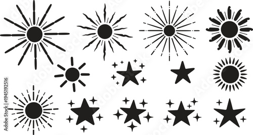 Collection of various star and sunburst silhouette designs in black